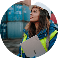 A woman employee holding a device