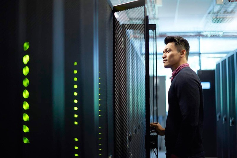 Man working in a data center