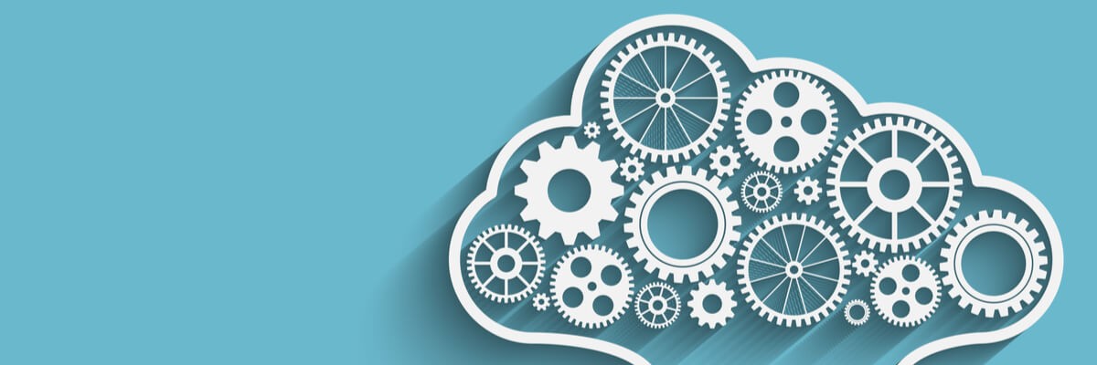 illustrated representation gears functioning inside an outlined drawing of a cloud