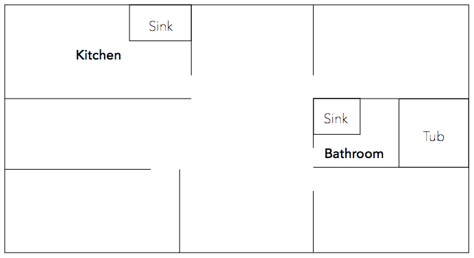 Blueprint of house floor with bathroom and kitchen with sinks and tub in each