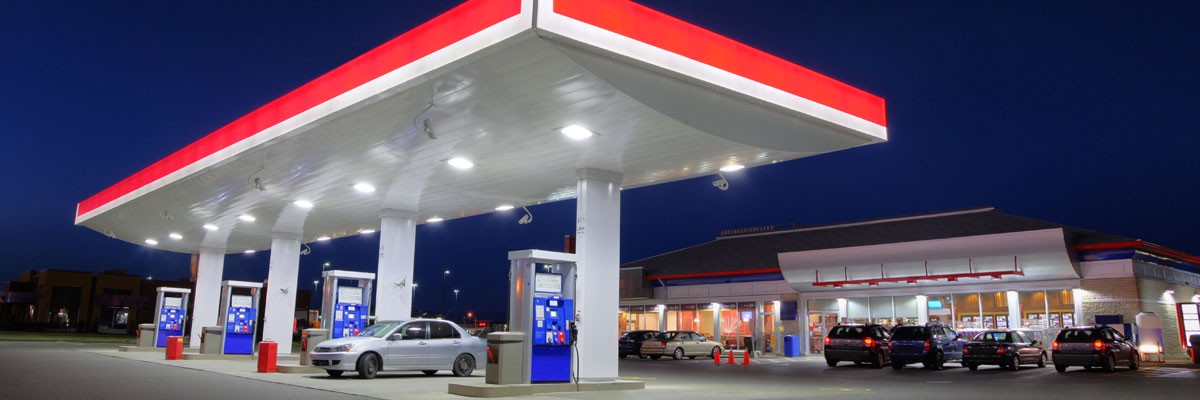 View of gas station at night