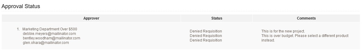 Screenshot of insight procurement platform in denied stage