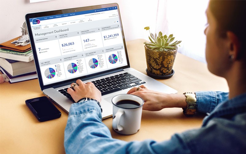 Woman typing on laptop with Cloudyn monitoring solution displayed