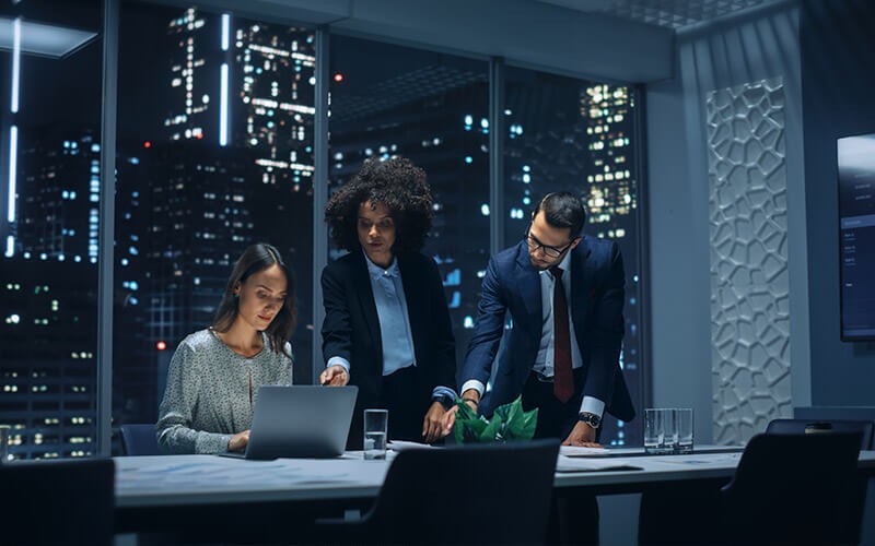 Professionals using a laptop collaborating with each other