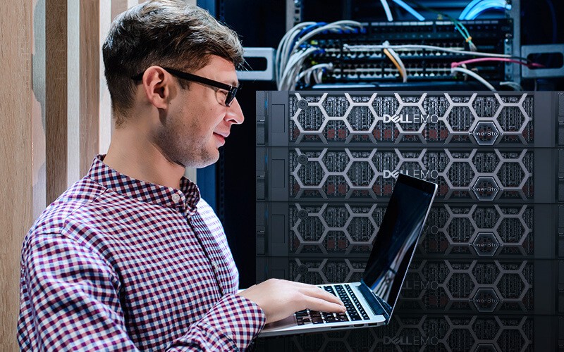 Man working on data storage room