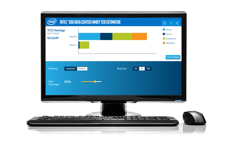 Intel SSD Data Center Family TCO Estimator dashboard displayed on desktop computer monitor