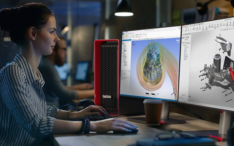 Woman working on Lenovo workstation with AMD Ryzen Threadripper Pro
