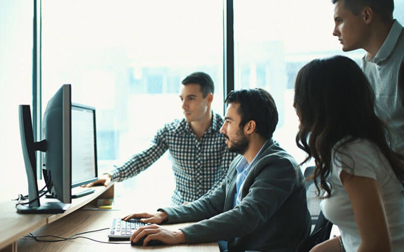 Group of employees working on computer