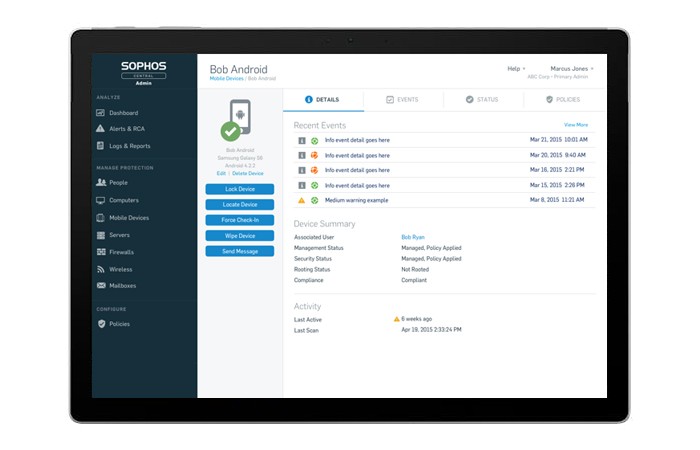 Sophos Mobile Control dashboard on tablet computer