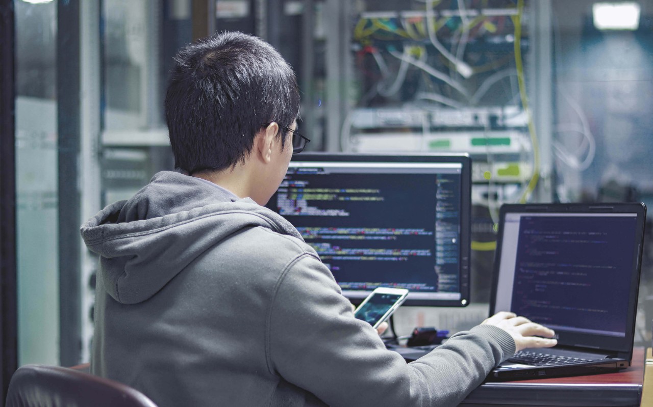 Man working in server room